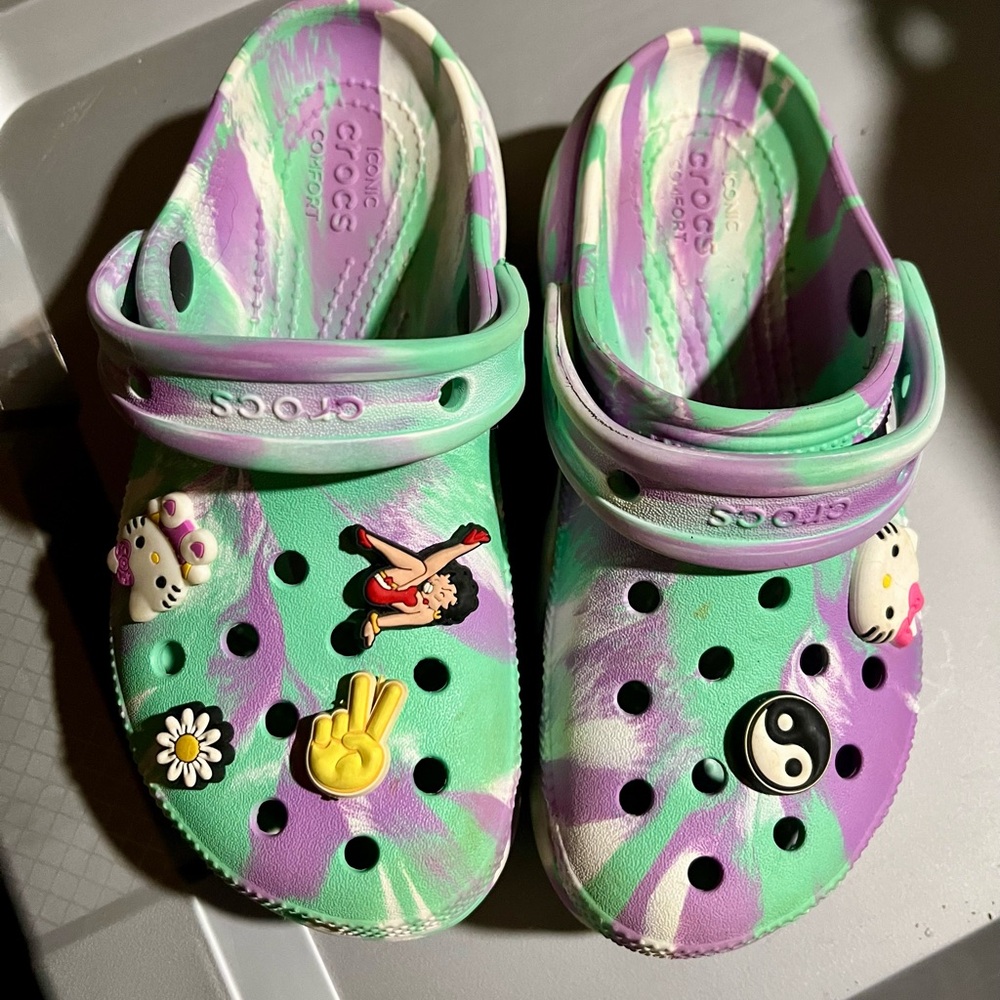 CROCS Pastel Green and Purple Clogs with Fun Charms